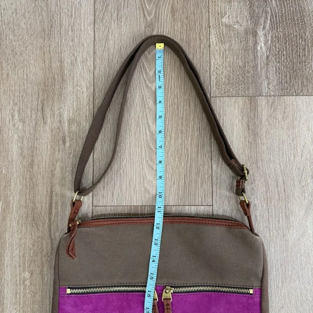 Fossil Erin Canvas and Leather Top Zip Crossbody Handbag Adjustable Pink Brown - Picture 14 of 15